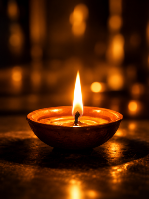 Traditional diya glowing warmly in a peaceful setting